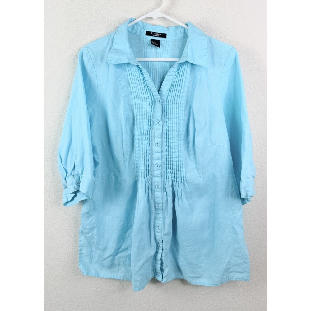 Autograph Woman 100% Linen Blouse 1X Blue Button Up Pintuck 3/4 Sleeve Coastal